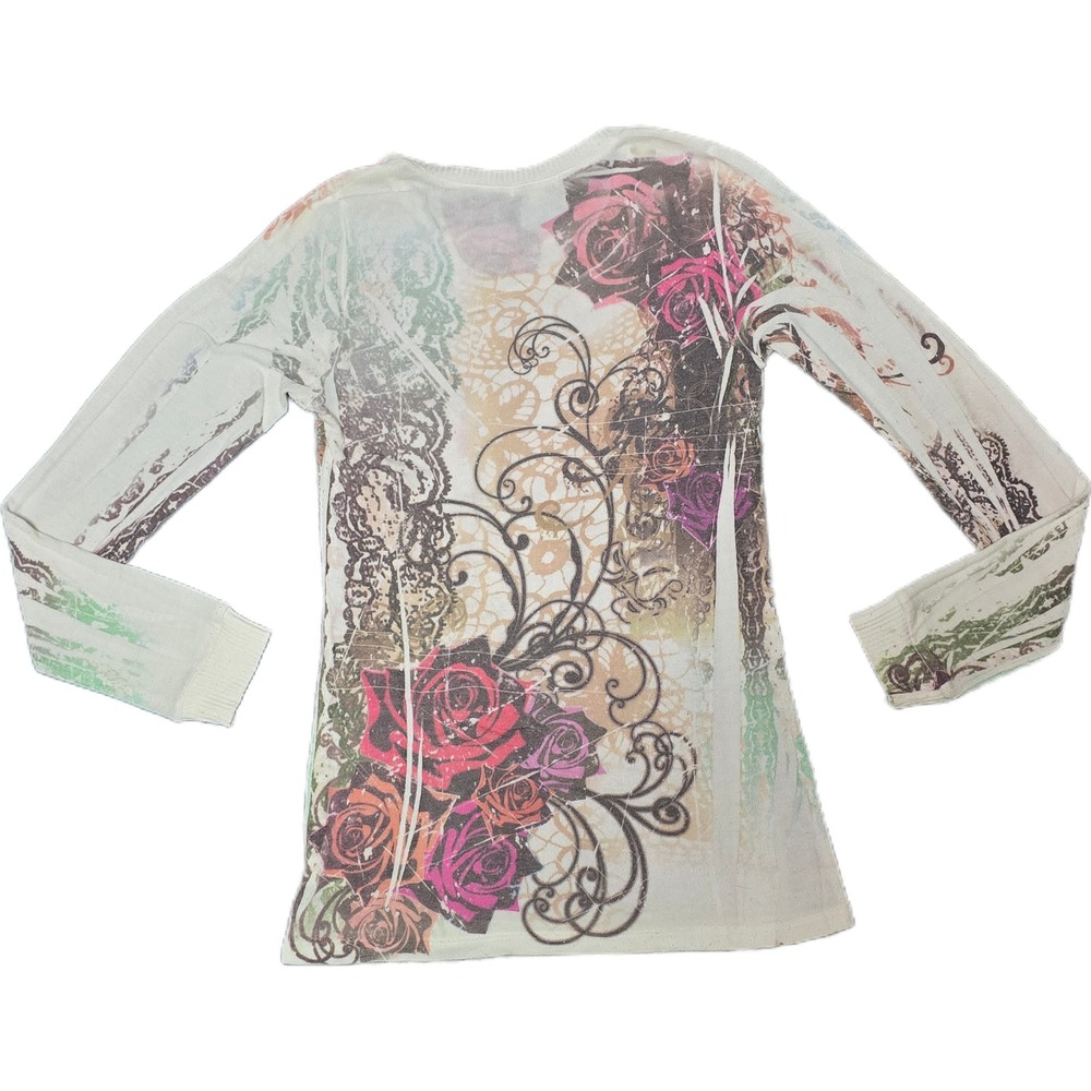 Forever 21 Graphic Top Women L White Pink Rose Y2K fairy Grunge Long Sleeve